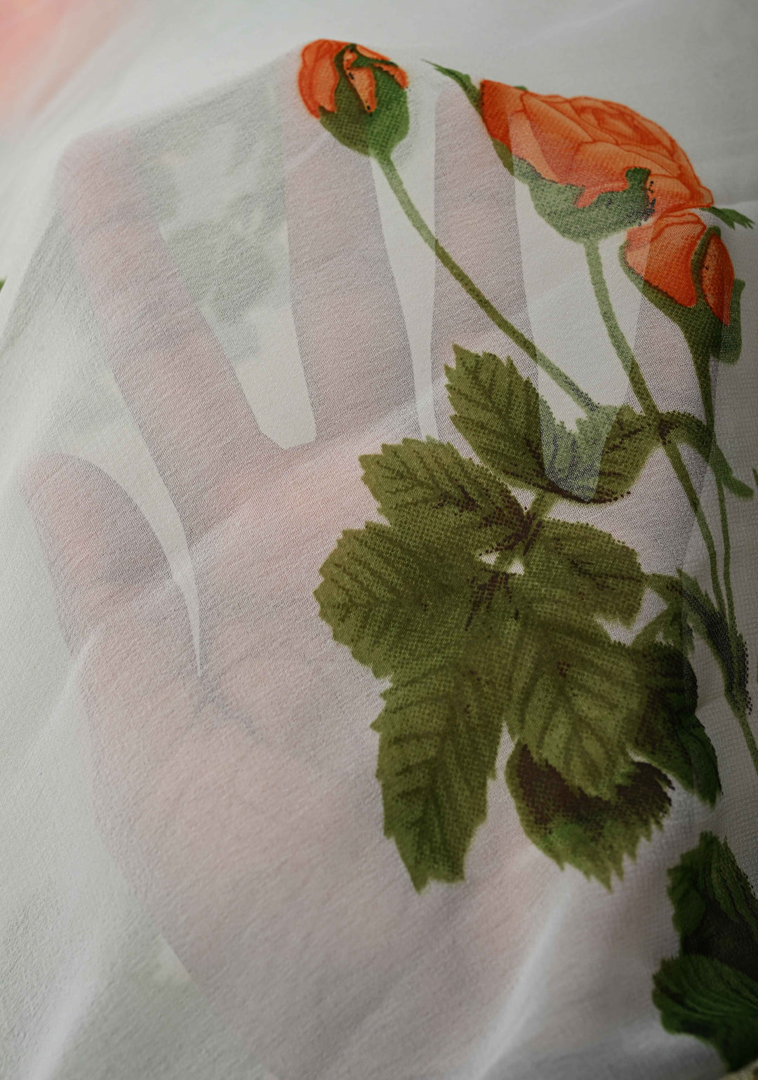 Off White Georgette Saree with Blossom Rose Floral Digital Print with Lace Border, No Blouse Piece (Copy)