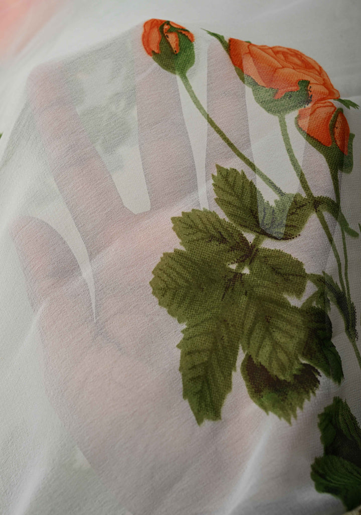 Off White Georgette Saree with Blossom Rose Floral Digital Print with Lace Border, No Blouse Piece (Copy)