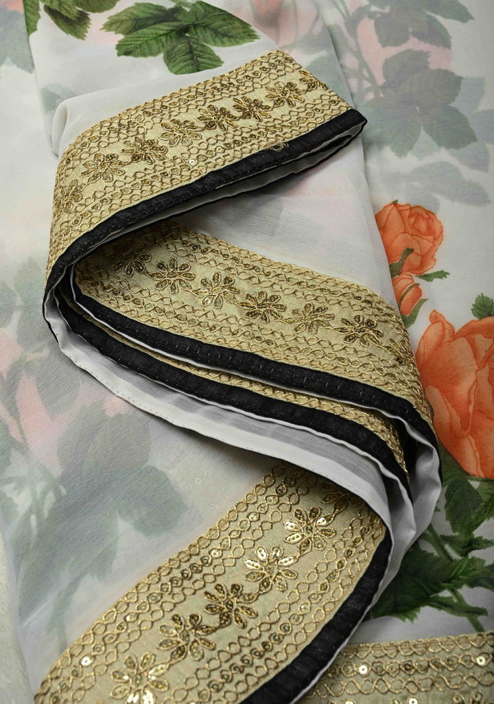 Off White Georgette Saree with Blossom Rose Floral Digital Print with Lace Border, No Blouse Piece (Copy)