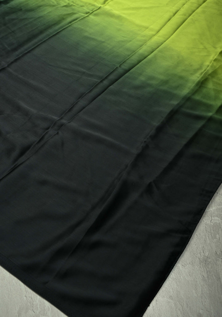 Chartreuse and Black Ombre Pleated Satin Saree , No Blouse Piece