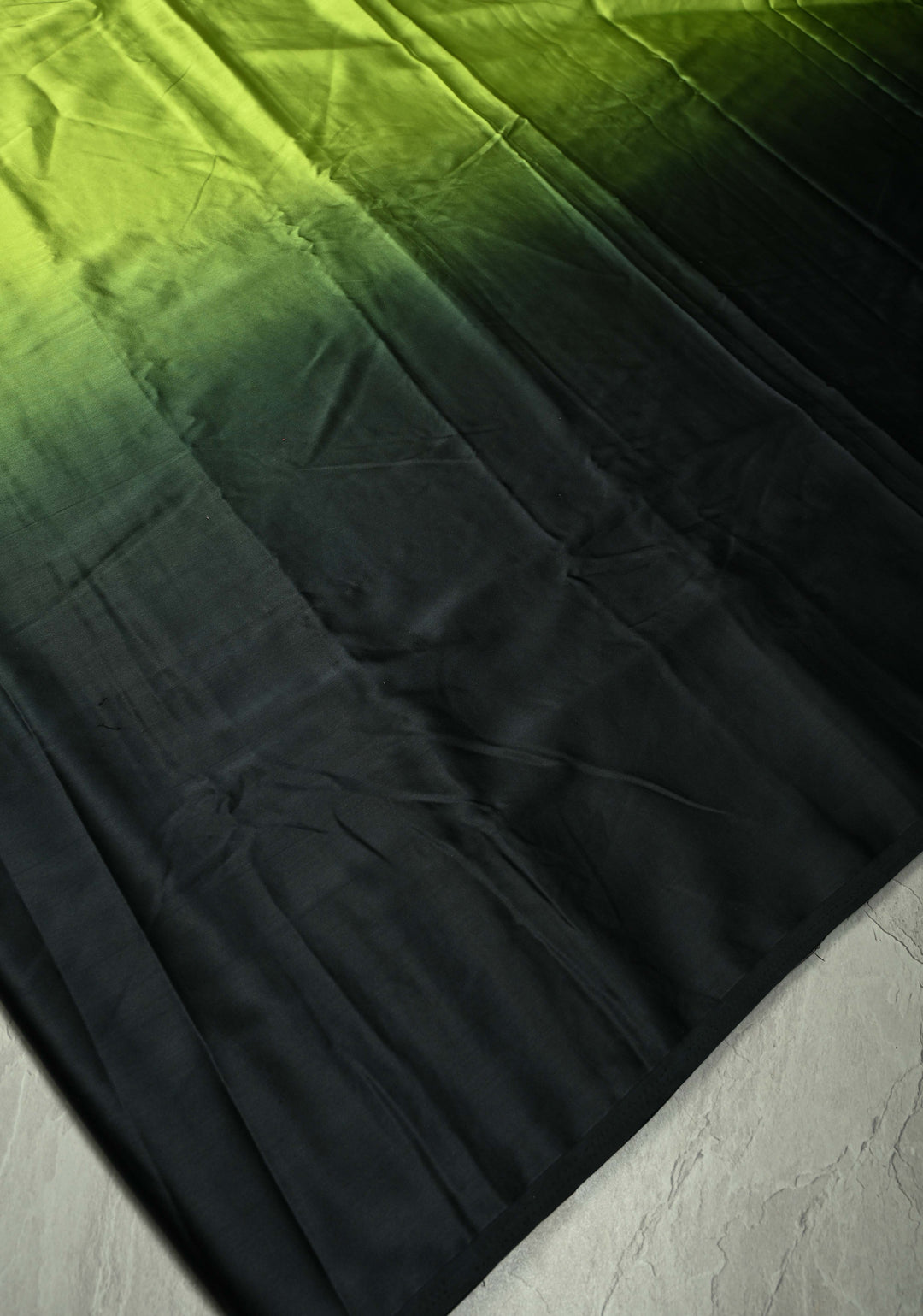Chartreuse and Black Ombre Pleated Satin Saree , No Blouse Piece
