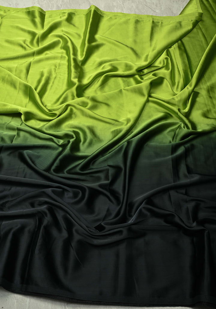 Chartreuse and Black Ombre Pleated Satin Saree , No Blouse Piece