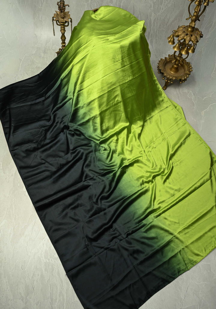 Chartreuse and Black Ombre Pleated Satin Saree , No Blouse Piece