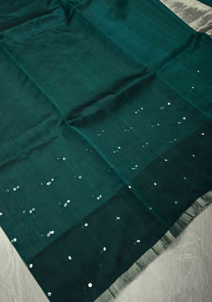 Pocket Sequins Woven on Pure Matka Muslin Saree in Dark Teal and Minimal Zari Border