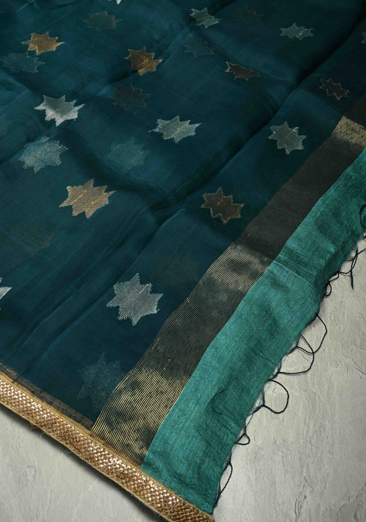 Dark Teal Muslin Jamdani Saree with Sona Rupa Buttas and Lace Border