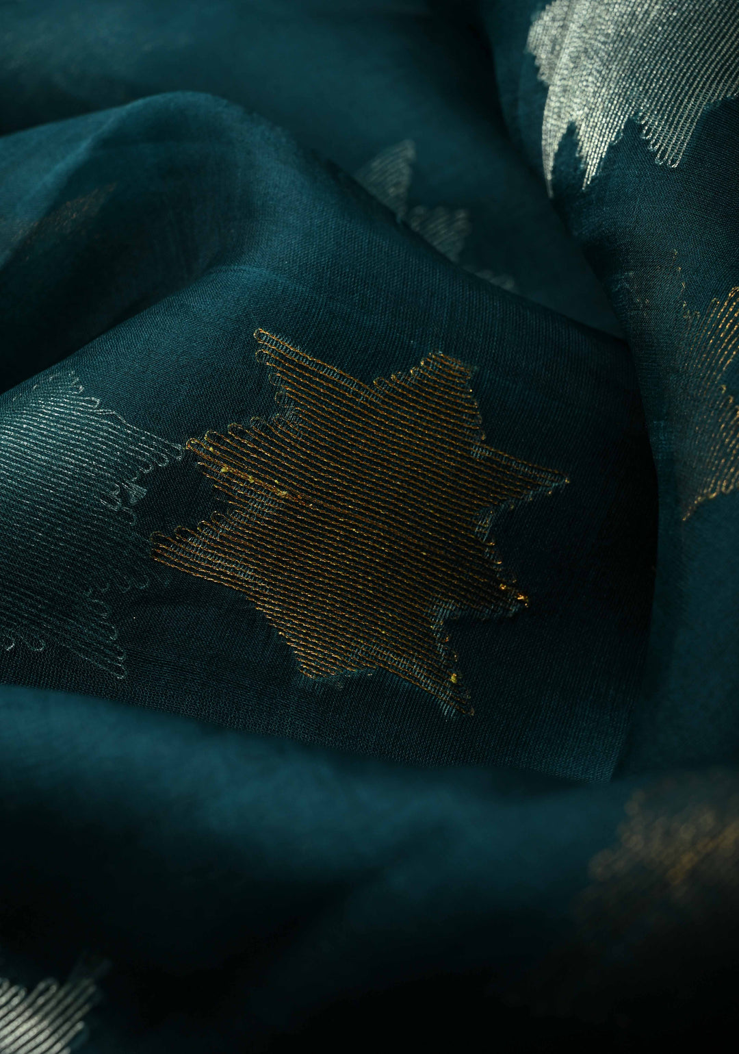 Dark Teal Muslin Jamdani Saree with Sona Rupa Buttas and Lace Border