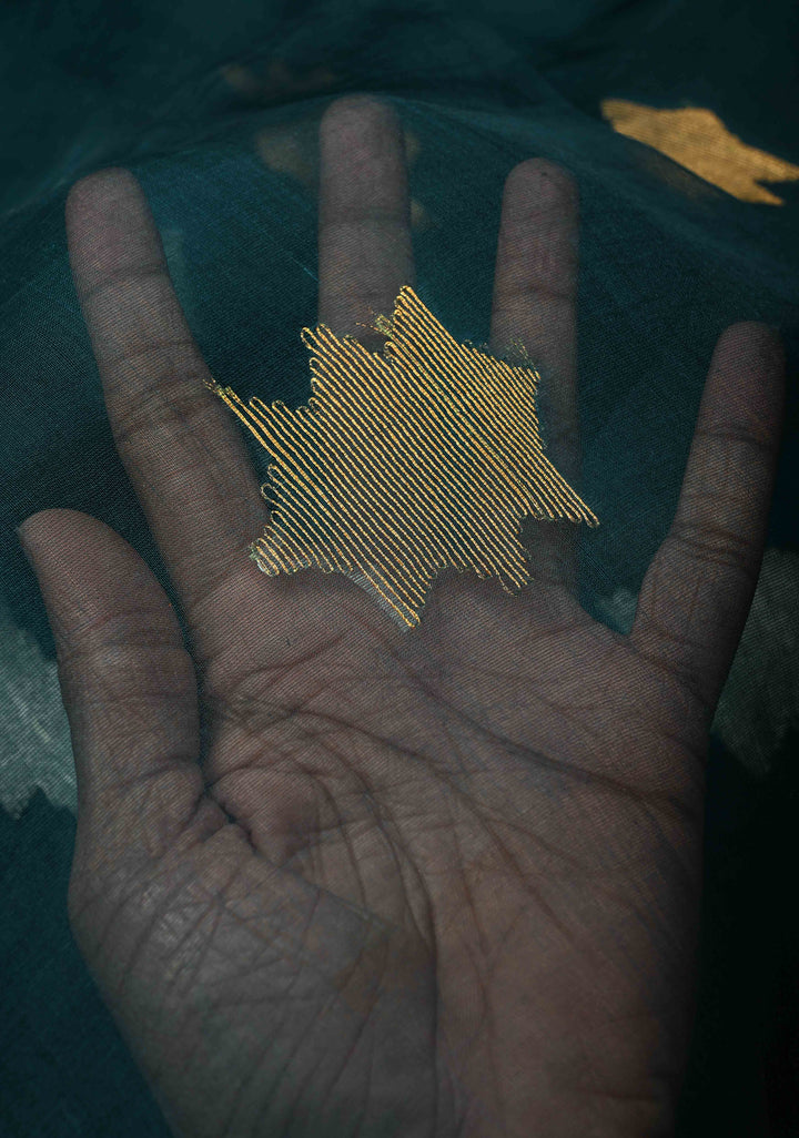 Dark Teal Muslin Jamdani Saree with Sona Rupa Buttas and Lace Border