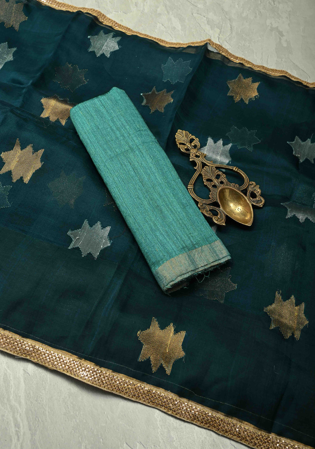 Dark Teal Muslin Jamdani Saree with Sona Rupa Buttas and Lace Border