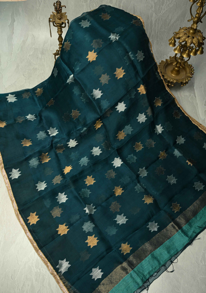 Dark Teal Muslin Jamdani Saree with Sona Rupa Buttas and Lace Border