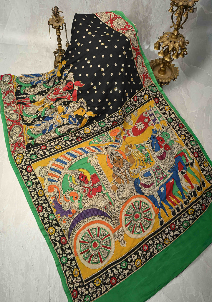 Tribhanga Posture and Krishna-Arjun Theme : Black Authentic Pen kalamkari on Pure Chennuri Silk Saree with Cutdana and Sequins Handwork