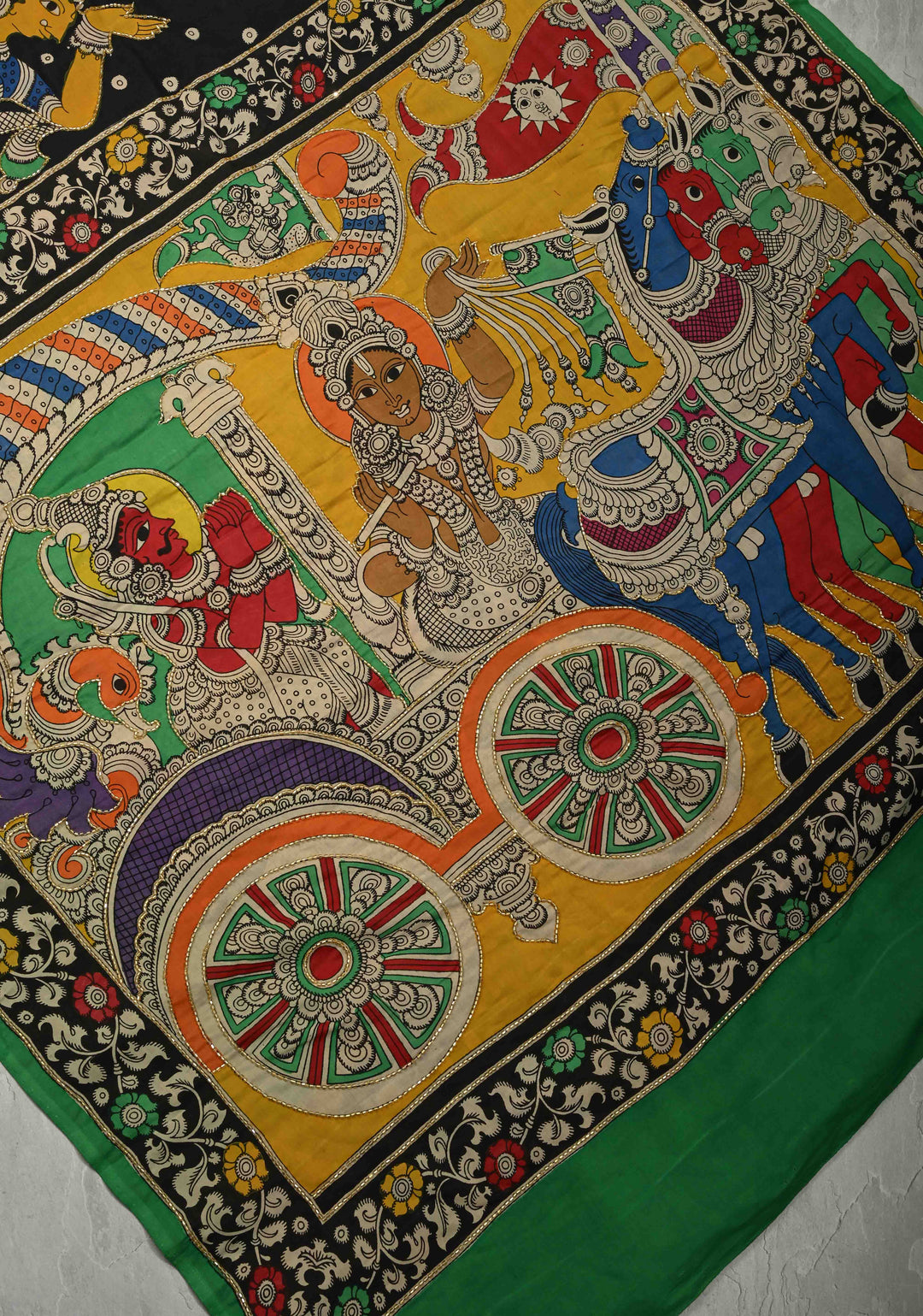 Tribhanga Posture and Krishna-Arjun Theme : Black Authentic Pen kalamkari on Pure Chennuri Silk Saree with Cutdana and Sequins Handwork