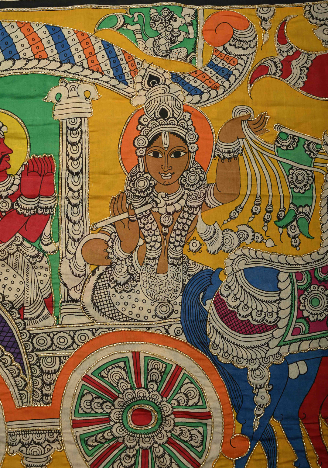 Tribhanga Posture and Krishna-Arjun Theme : Black Authentic Pen kalamkari on Pure Chennuri Silk Saree with Cutdana and Sequins Handwork