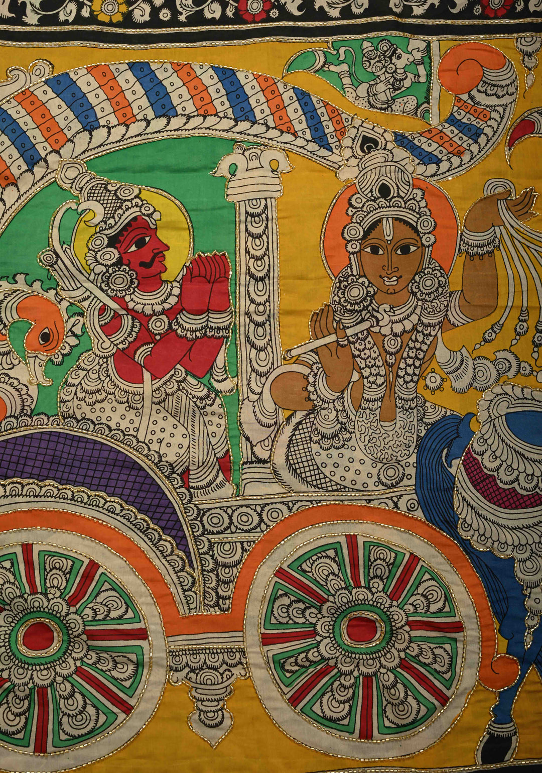 Tribhanga Posture and Krishna-Arjun Theme : Black Authentic Pen kalamkari on Pure Chennuri Silk Saree with Cutdana and Sequins Handwork