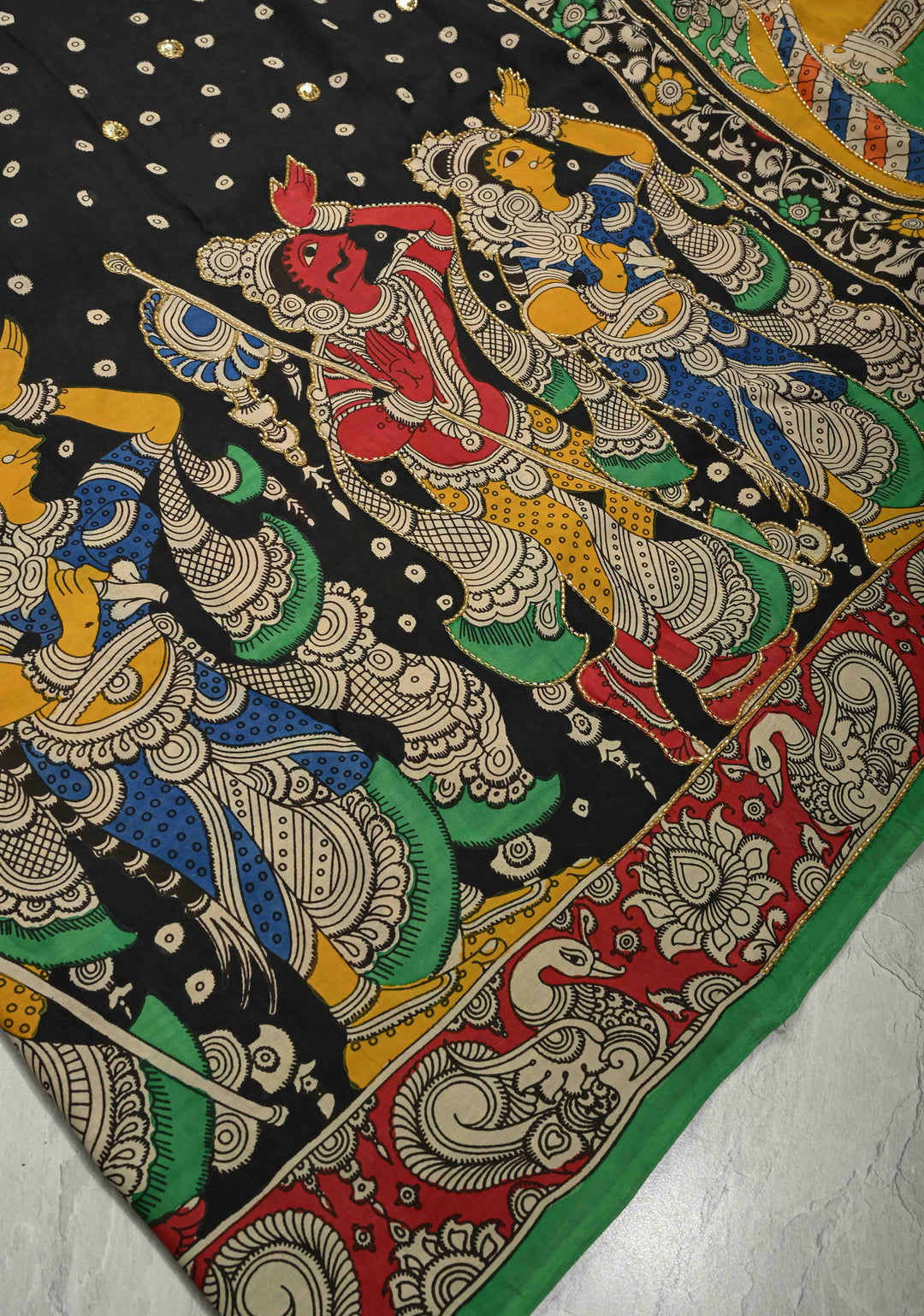 Tribhanga Posture and Krishna-Arjun Theme : Black Authentic Pen kalamkari on Pure Chennuri Silk Saree with Cutdana and Sequins Handwork