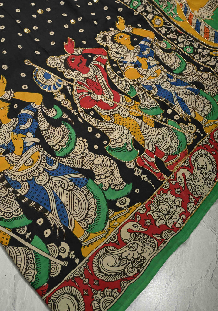 Tribhanga Posture and Krishna-Arjun Theme : Black Authentic Pen kalamkari on Pure Chennuri Silk Saree with Cutdana and Sequins Handwork