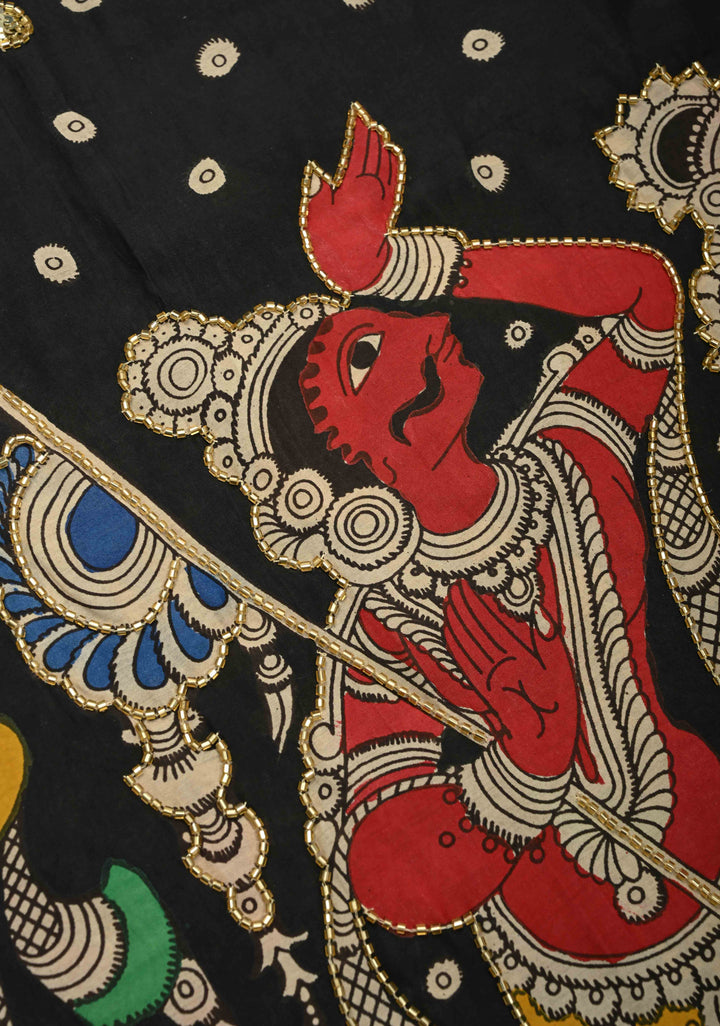 Tribhanga Posture and Krishna-Arjun Theme : Black Authentic Pen kalamkari on Pure Chennuri Silk Saree with Cutdana and Sequins Handwork
