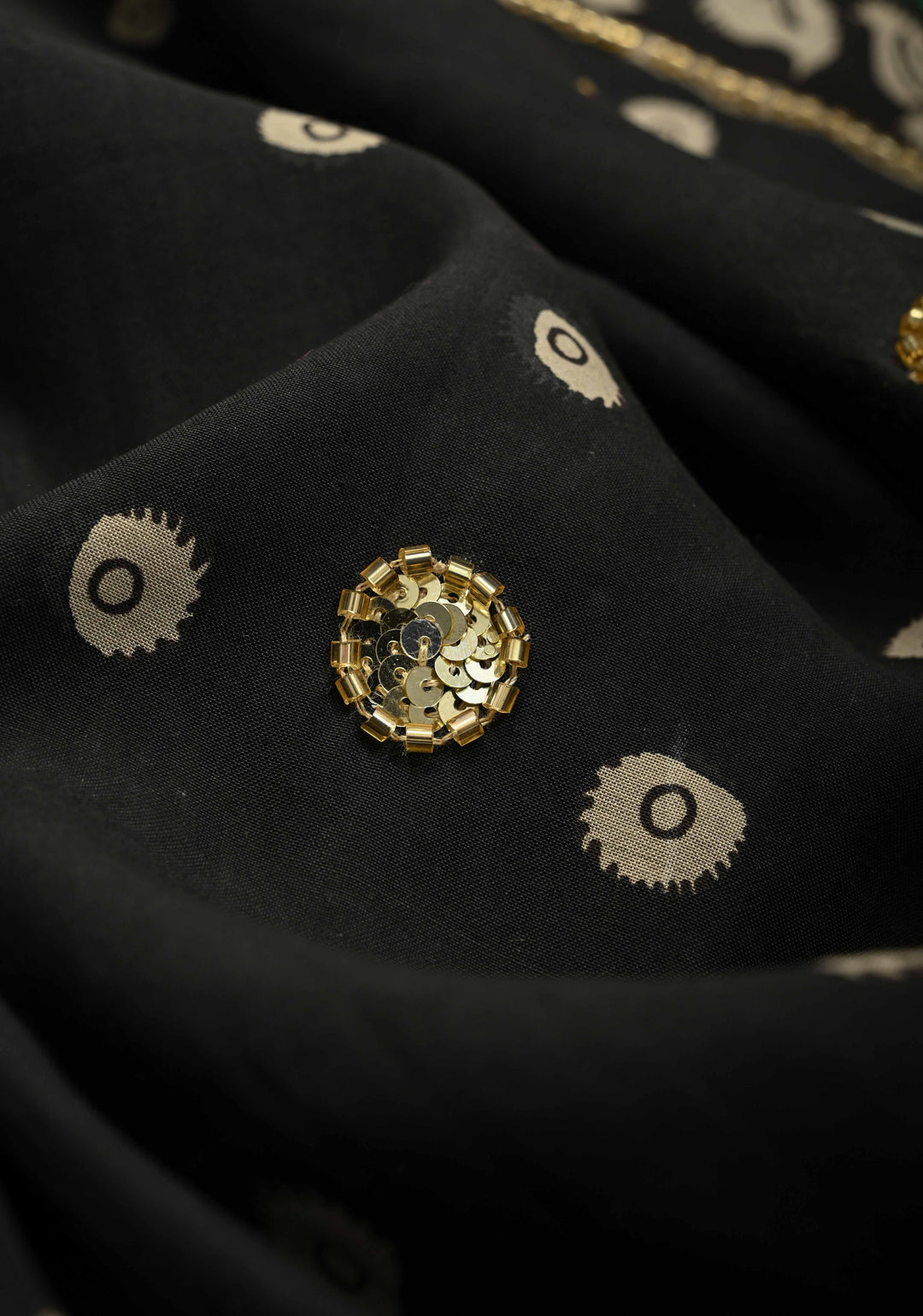 Tribhanga Posture and Krishna-Arjun Theme : Black Authentic Pen kalamkari on Pure Chennuri Silk Saree with Cutdana and Sequins Handwork