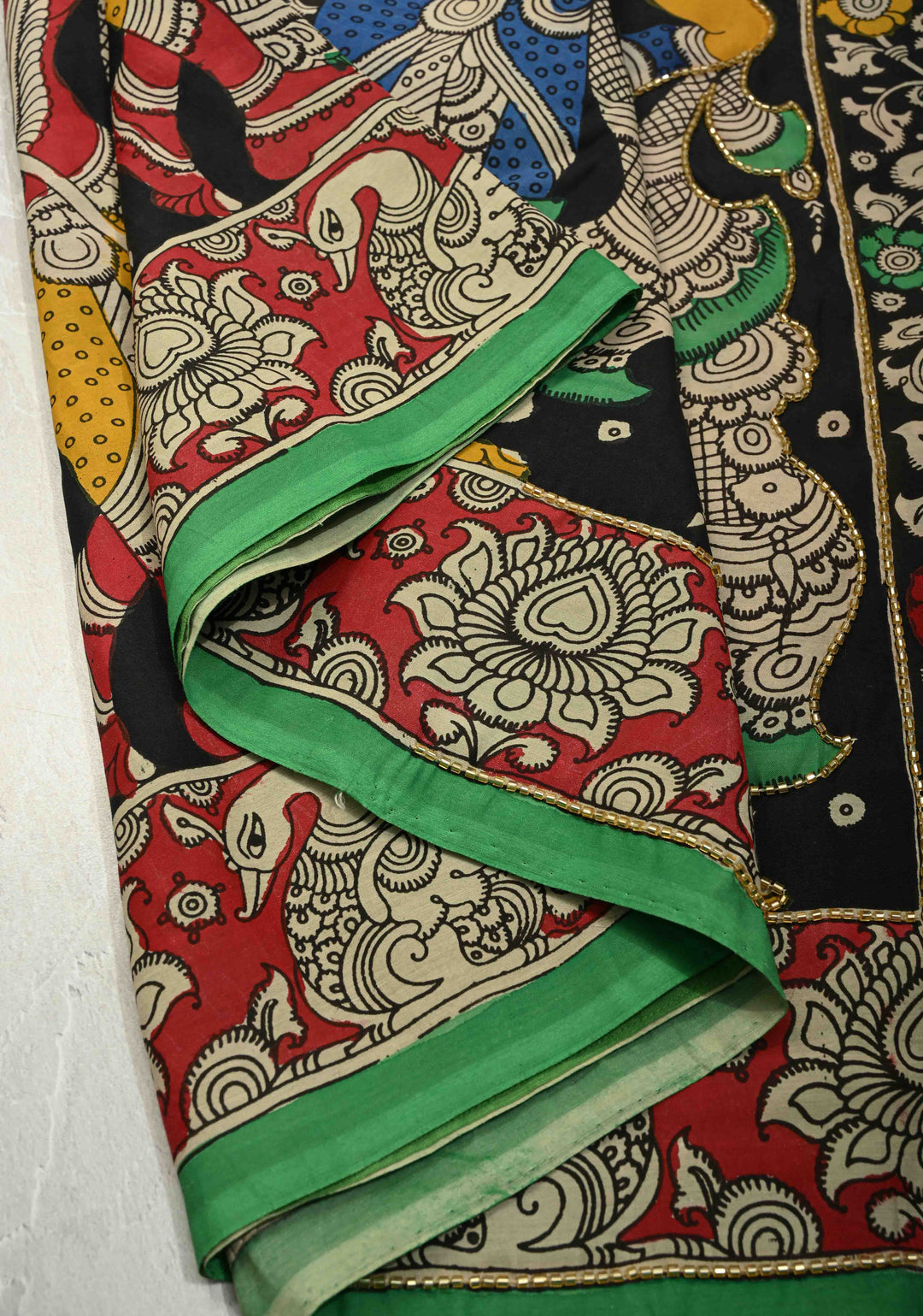 Tribhanga Posture and Krishna-Arjun Theme : Black Authentic Pen kalamkari on Pure Chennuri Silk Saree with Cutdana and Sequins Handwork