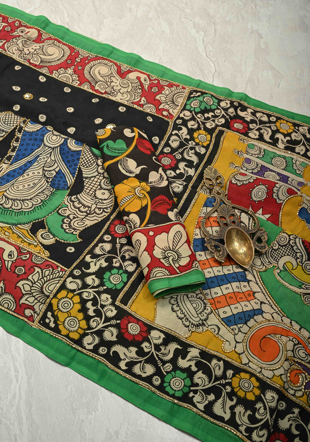 Tribhanga Posture and Krishna-Arjun Theme : Black Authentic Pen kalamkari on Pure Chennuri Silk Saree with Cutdana and Sequins Handwork