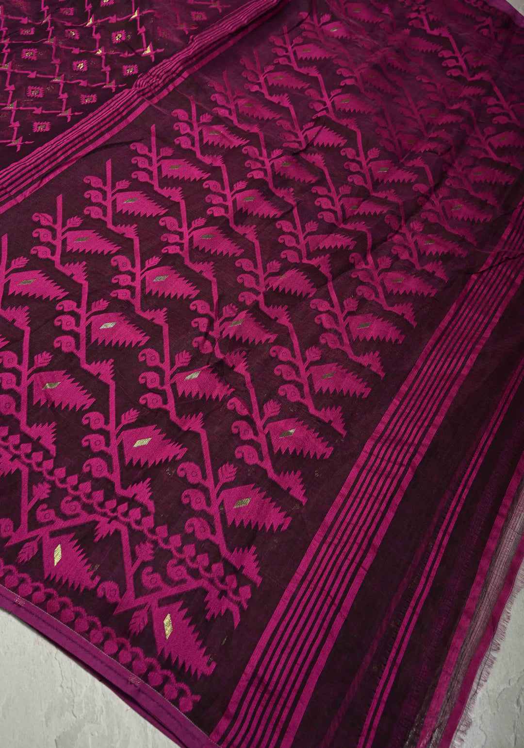 Purple Mercerized Cotton Saree with Jamdani Work and Border No Blouse Piece