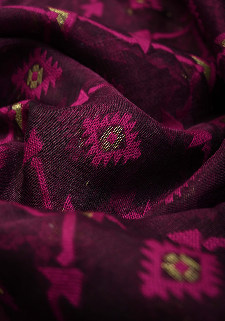 Purple Mercerized Cotton Saree with Jamdani Work and Border No Blouse Piece