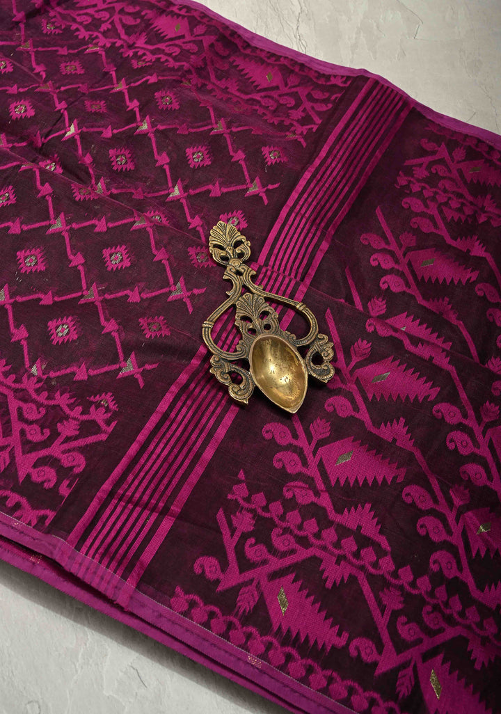 Purple Mercerized Cotton Saree with Jamdani Work and Border No Blouse Piece