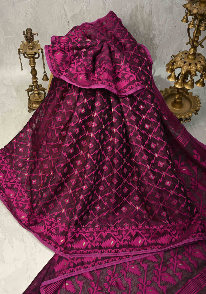 Purple Mercerized Cotton Saree with Jamdani Work and Border No Blouse Piece