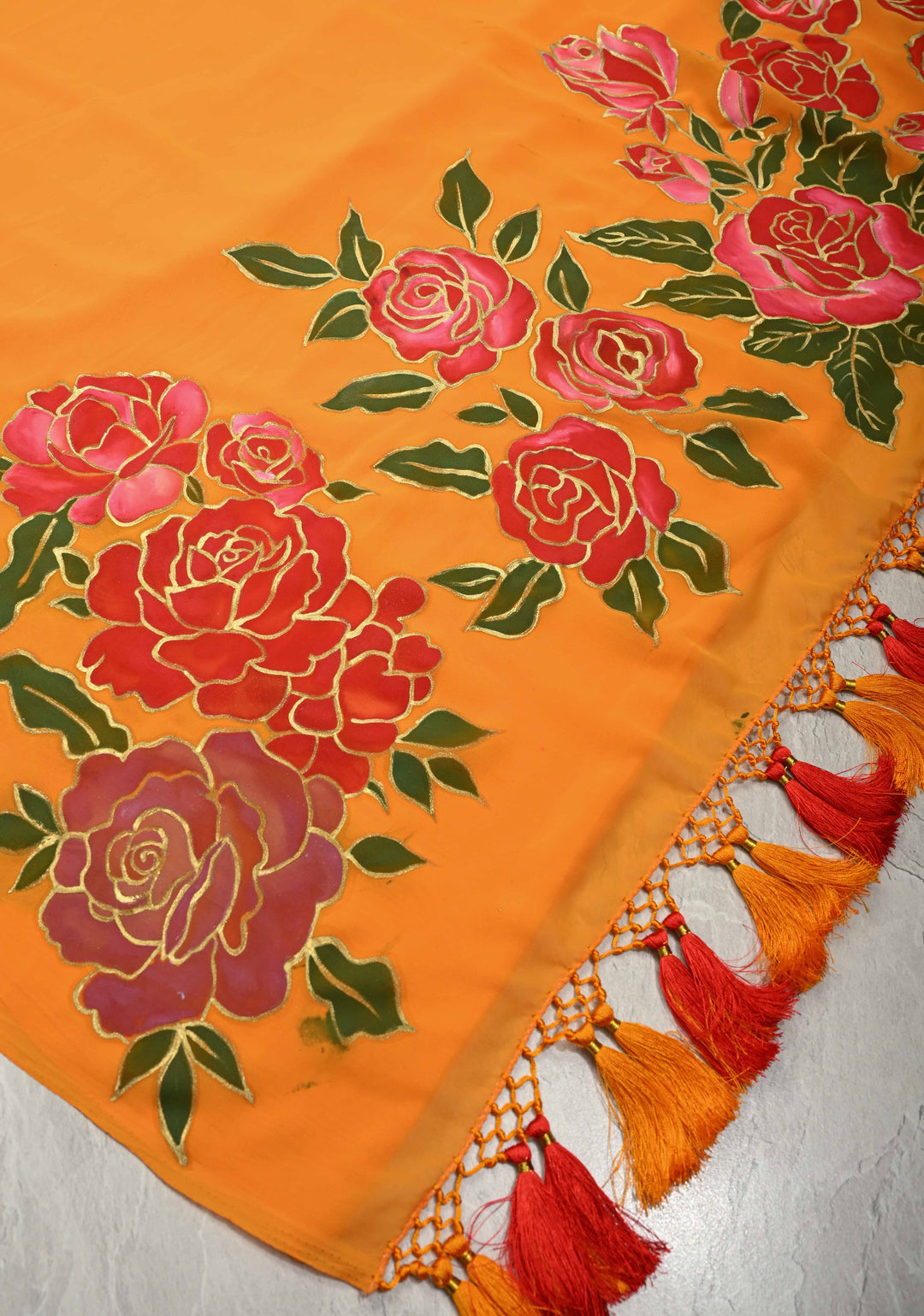 Mustard Yellow Georgette Saree with Blooming Rose Hand Paintting and silk tassels