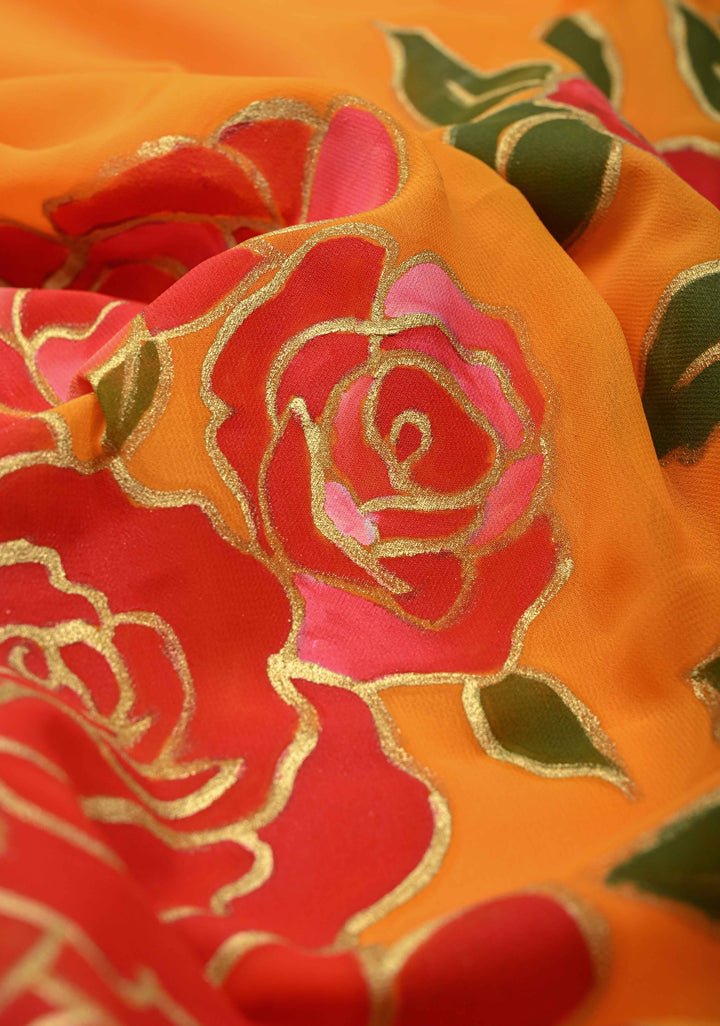 Mustard Yellow Georgette Saree with Blooming Rose Hand Paintting and silk tassels