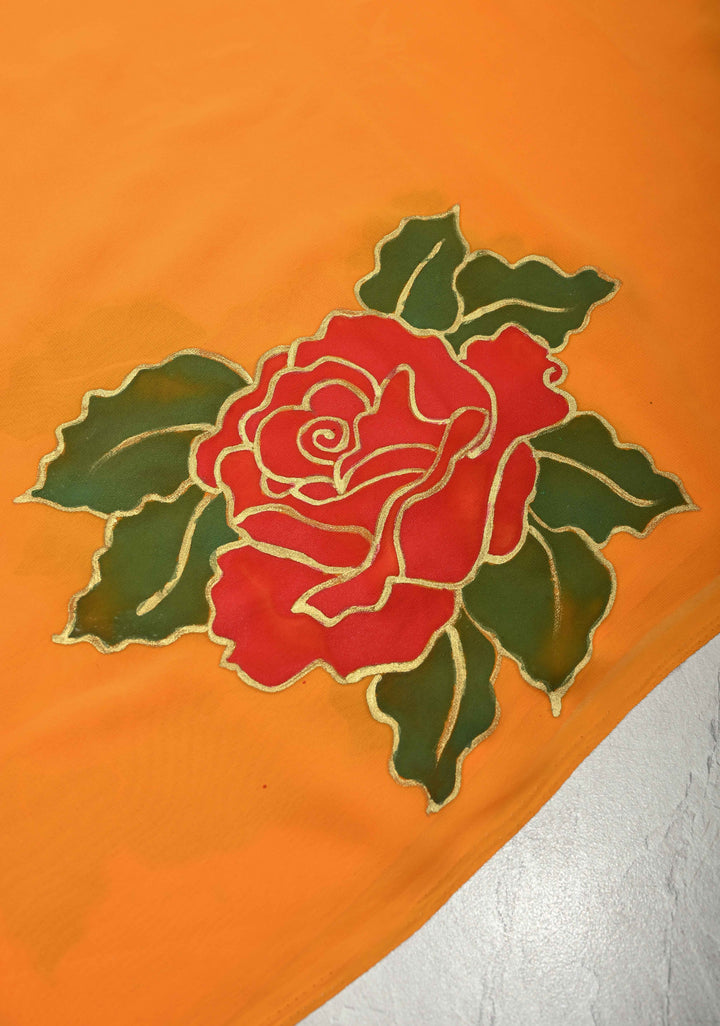 Mustard Yellow Georgette Saree with Blooming Rose Hand Paintting and silk tassels