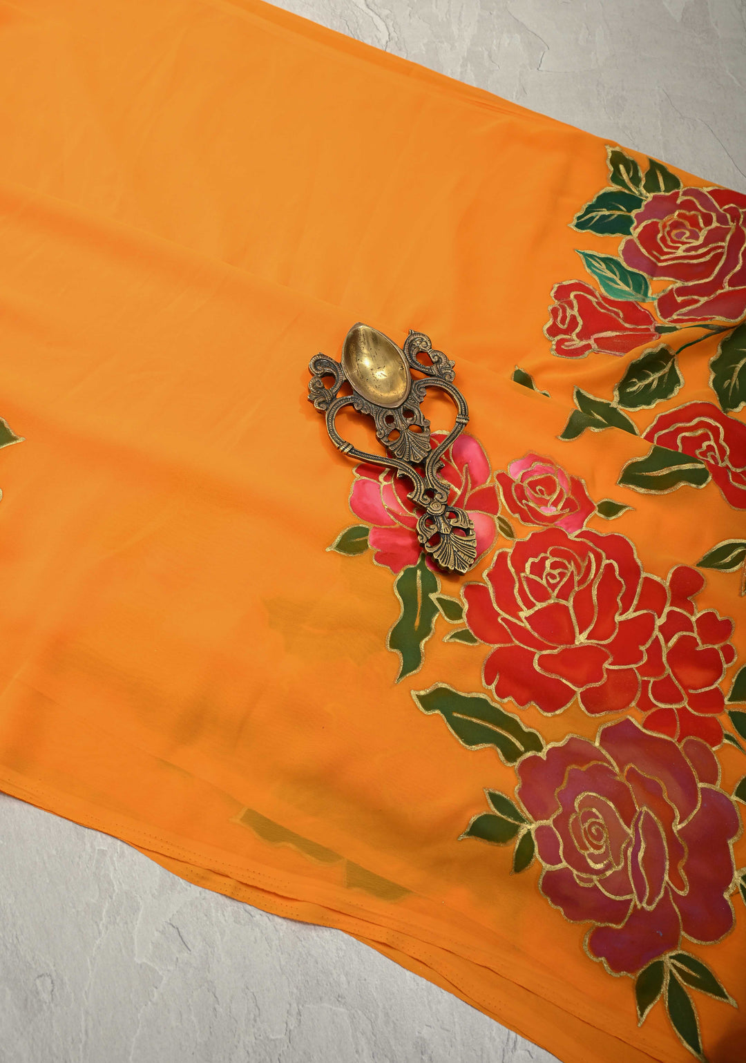 Mustard Yellow Georgette Saree with Blooming Rose Hand Paintting and silk tassels