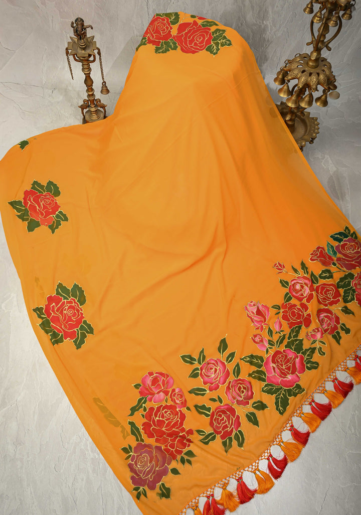 Mustard Yellow Georgette Saree with Blooming Rose Hand Paintting and silk tassels