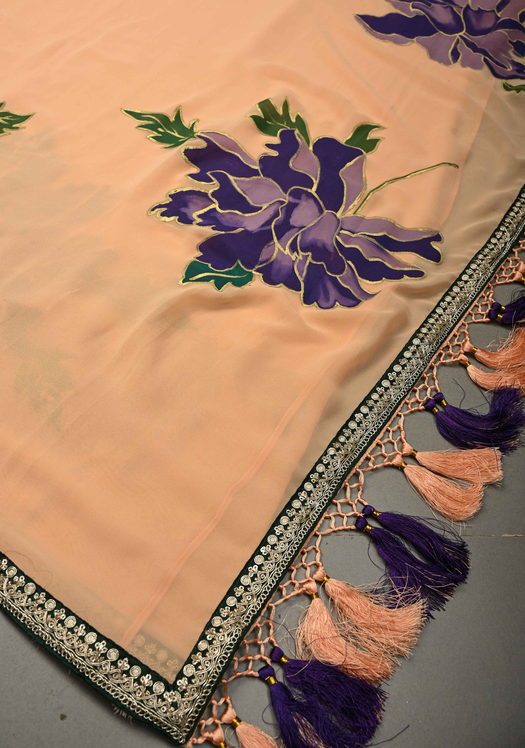 Peach Georgette Saree with Large Floral Hand Painted and Minimal Fancy Lace Border, No Blouse Piece | SHOBITAM