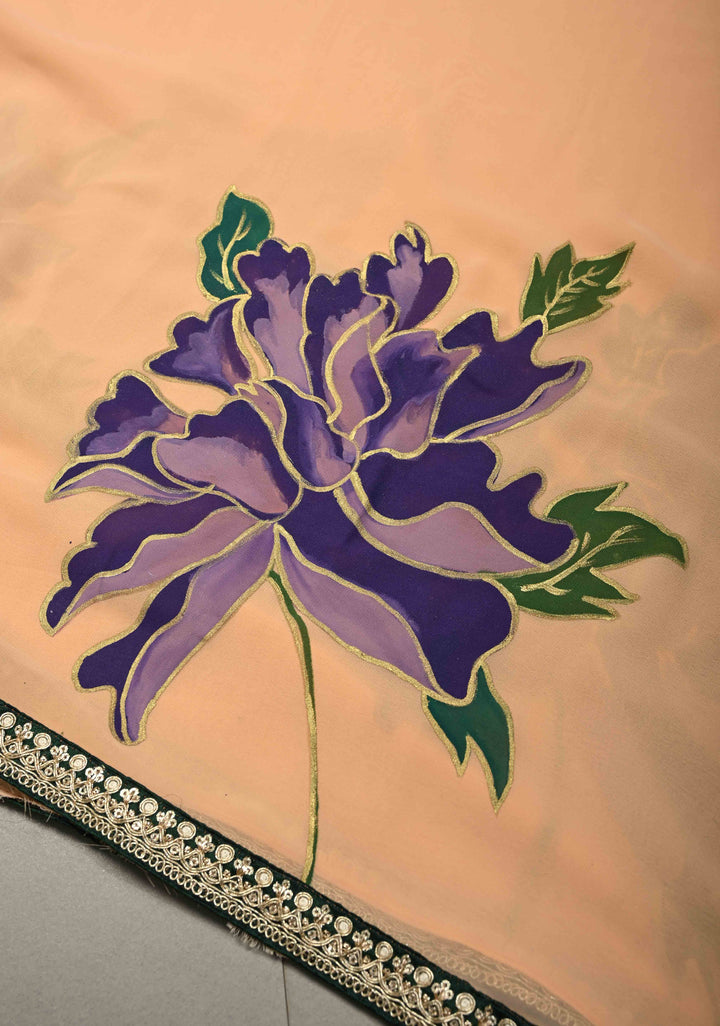 Peach Georgette Saree with Large Floral Hand Painted and Minimal Fancy Lace Border, No Blouse Piece | SHOBITAM