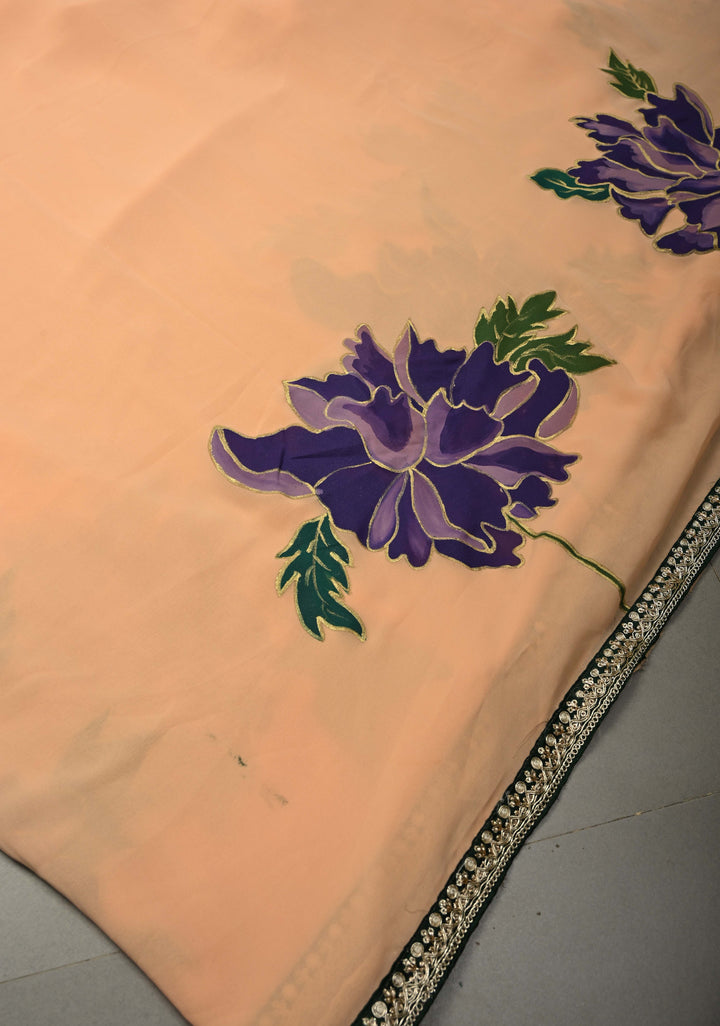 Peach Georgette Saree with Large Floral Hand Painted and Minimal Fancy Lace Border, No Blouse Piece | SHOBITAM