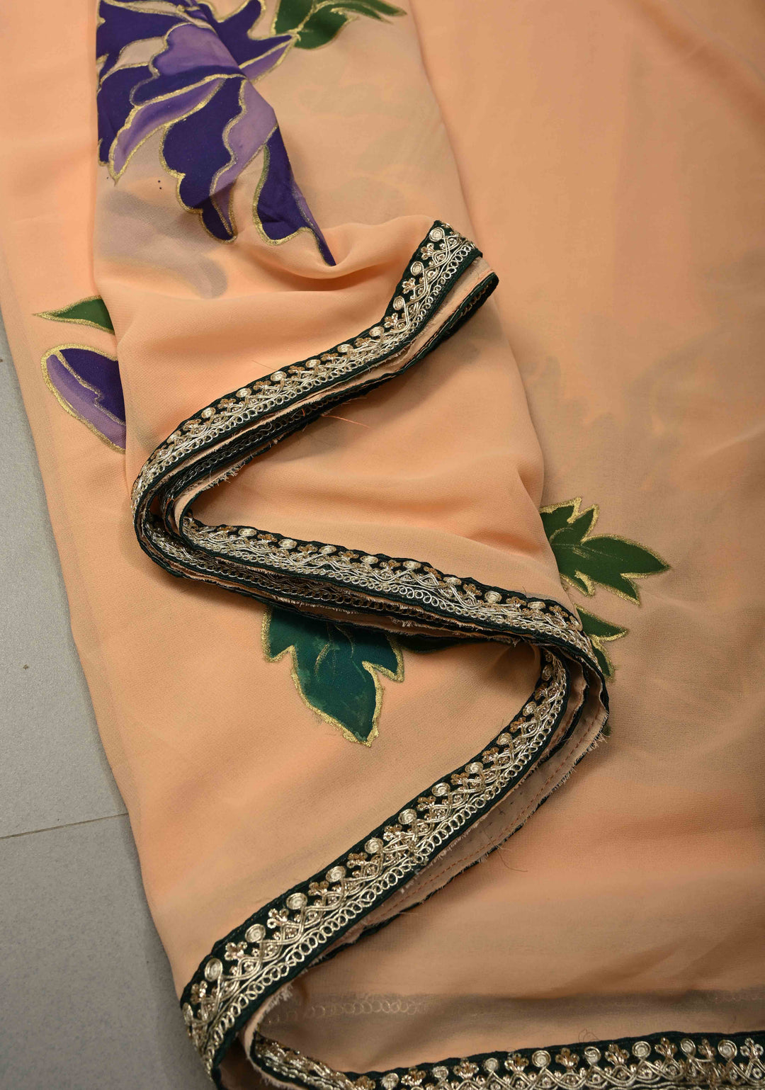 Peach Georgette Saree with Large Floral Hand Painted and Minimal Fancy Lace Border, No Blouse Piece | SHOBITAM