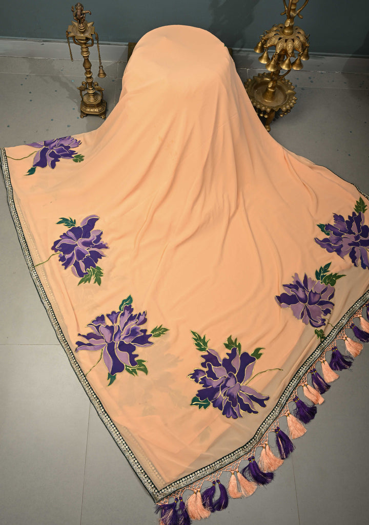 Peach Georgette Saree with Large Floral Hand Painted and Minimal Fancy Lace Border, No Blouse Piece | SHOBITAM