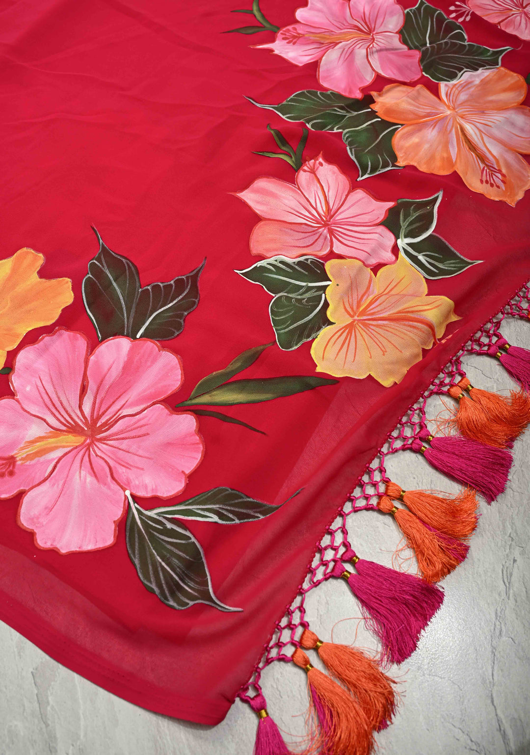 Red Chiffon Saree with Blooming Hibiscus Floral Hand Painted, No Blouse Piece