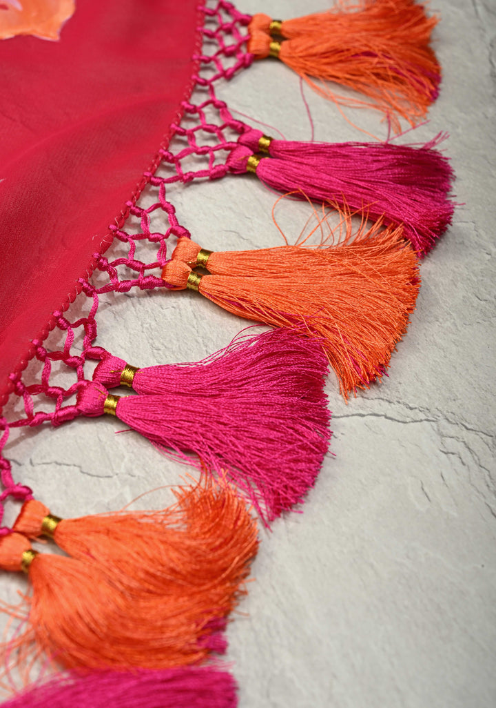 Red Chiffon Saree with Blooming Hibiscus Floral Hand Painted, No Blouse Piece