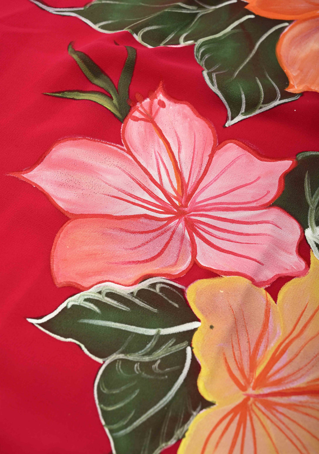 Red Chiffon Saree with Blooming Hibiscus Floral Hand Painted, No Blouse Piece