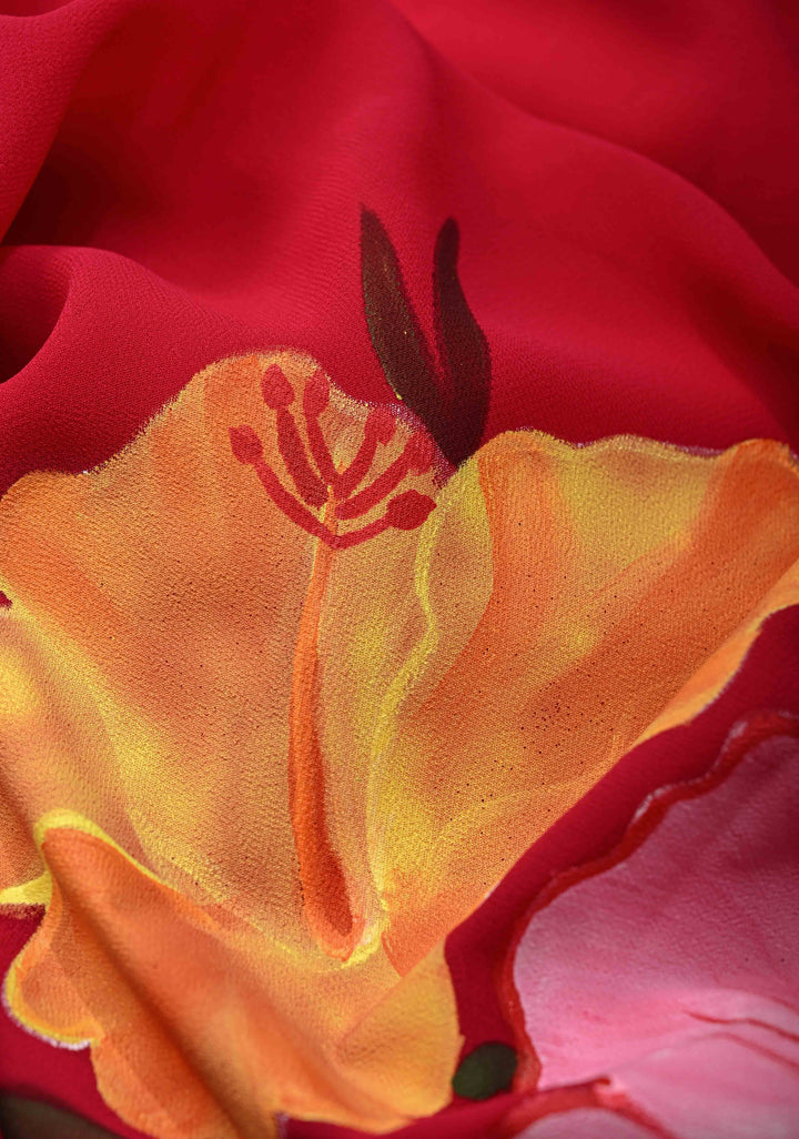 Red Chiffon Saree with Blooming Hibiscus Floral Hand Painted, No Blouse Piece