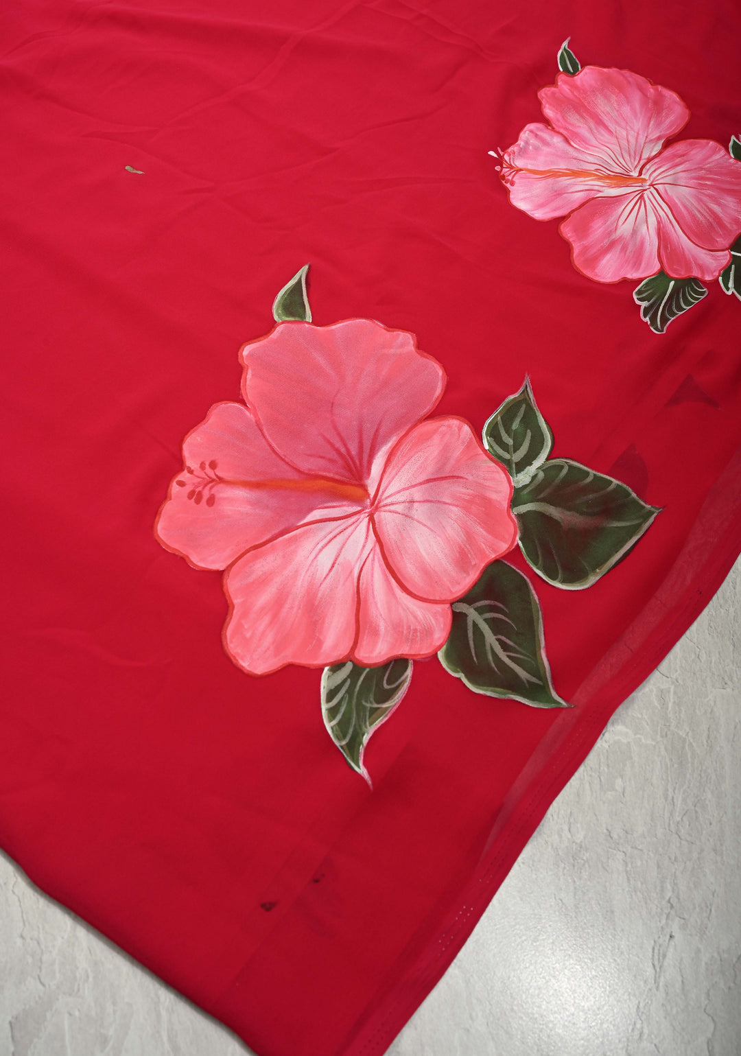 Red Chiffon Saree with Blooming Hibiscus Floral Hand Painted, No Blouse Piece