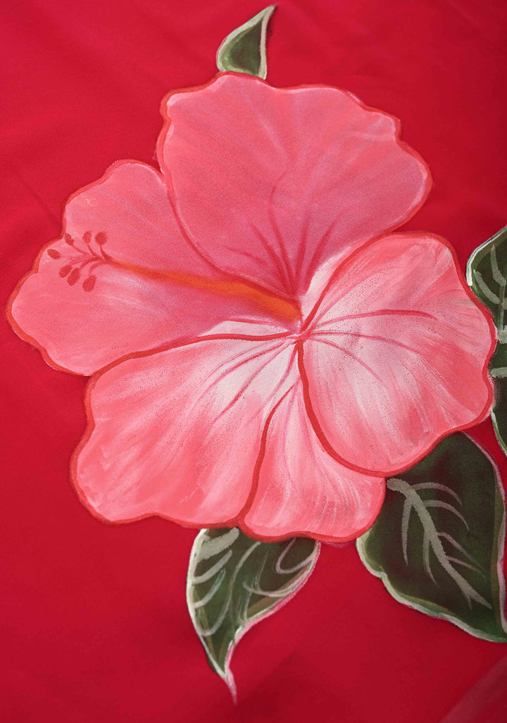 Red Chiffon Saree with Blooming Hibiscus Floral Hand Painted, No Blouse Piece