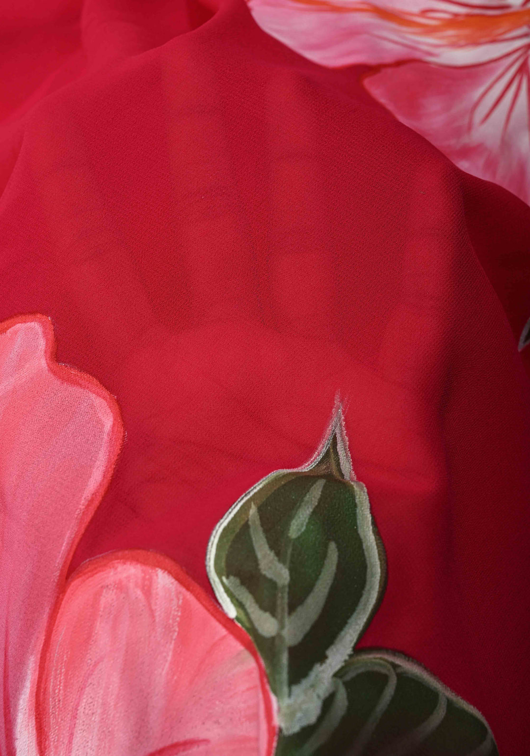 Red Chiffon Saree with Blooming Hibiscus Floral Hand Painted, No Blouse Piece