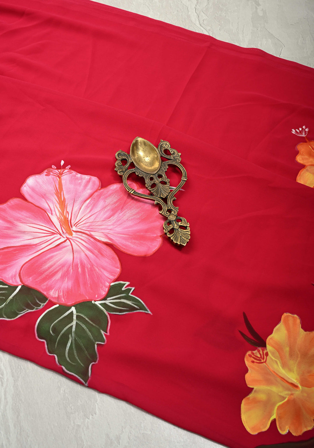 Red Chiffon Saree with Blooming Hibiscus Floral Hand Painted, No Blouse Piece