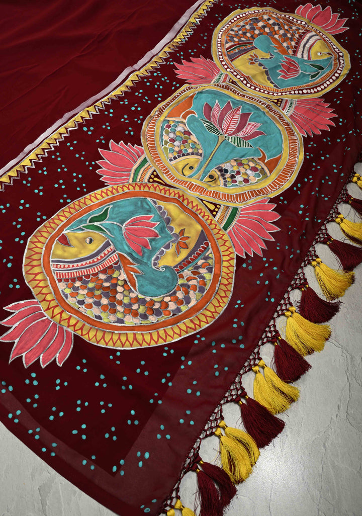 Garnet Georgette Saree with Lotus and Fish Hand Madhubanai Style Handpainting, No Blouse Piece