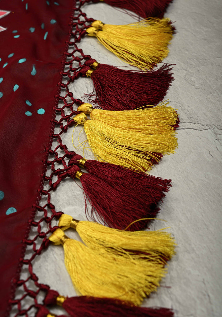 Garnet Georgette Saree with Lotus and Fish Hand Madhubanai Style Handpainting, No Blouse Piece