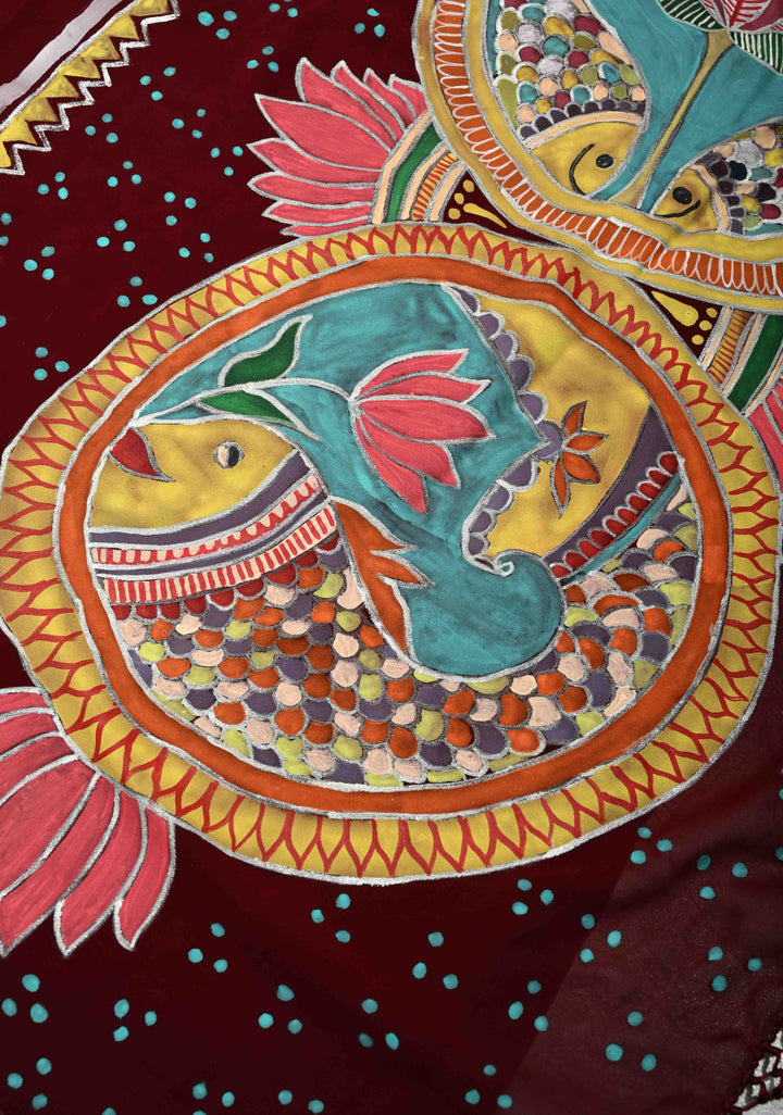 Garnet Georgette Saree with Lotus and Fish Hand Madhubanai Style Handpainting, No Blouse Piece
