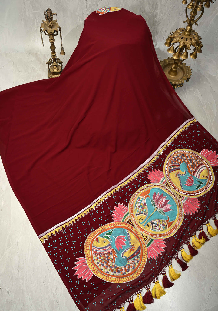 Garnet Georgette Saree with Lotus and Fish Hand Madhubanai Style Handpainting, No Blouse Piece