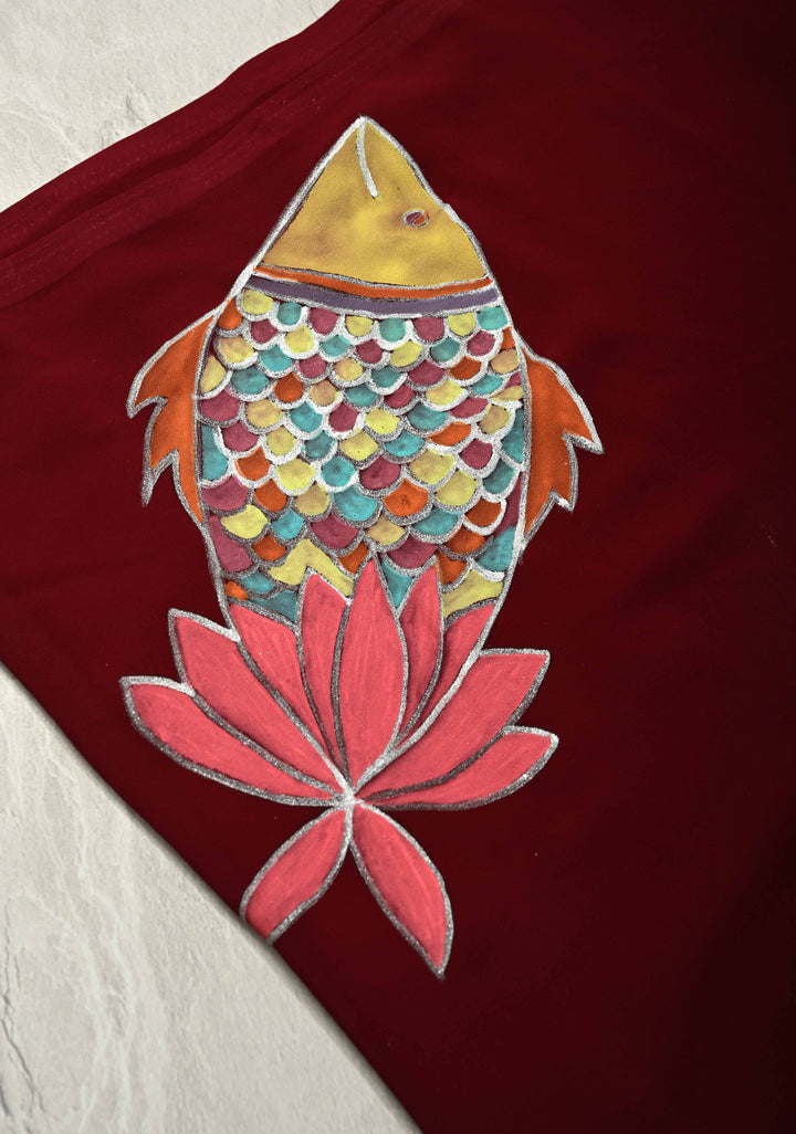 Garnet Georgette Saree with Lotus and Fish Hand Madhubanai Style Handpainting, No Blouse Piece